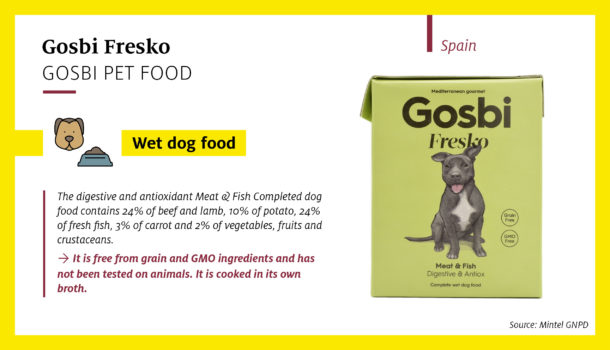 Gosbi Fresko Digestive & Antiox Meat & Fish Complete Wet Dog Food features an on-pack illustration showing the percentage shares of the main ingredients eg 24% beef and lamb (Spain).