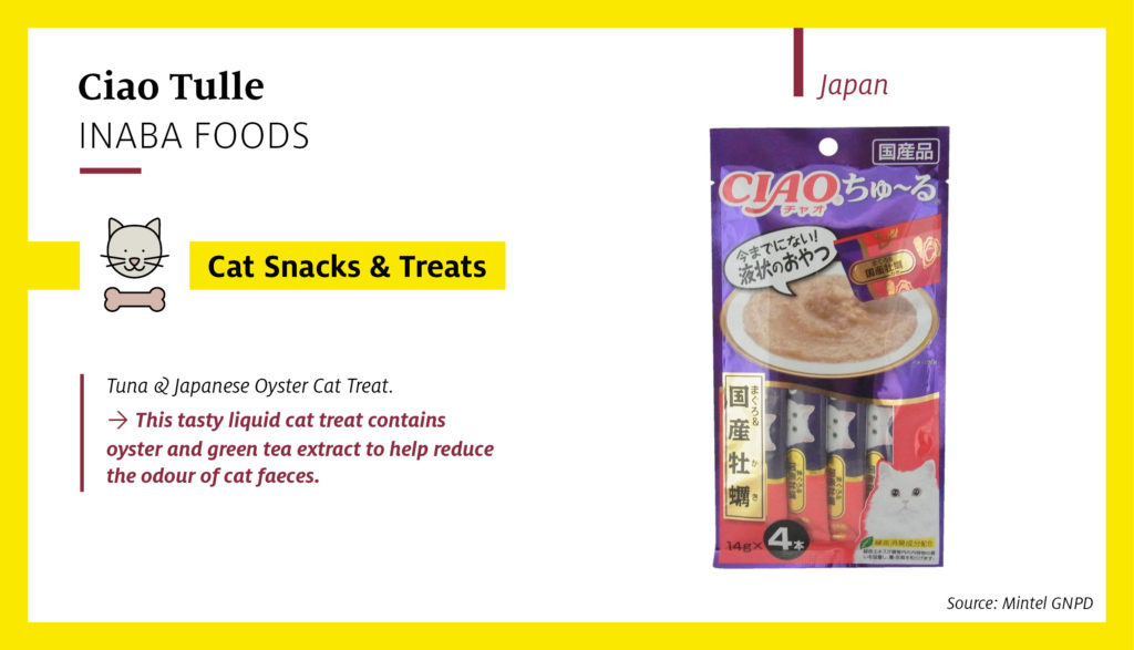 Ciao Tulle Tuna & Japanese Oyster Cat Treat (image below) is a tasty liquid cat treat launched in Japan which contains oyster and green tea extracts and is suitable to be mixed with dry cat food.